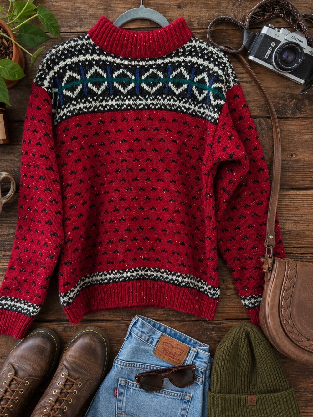 Vintage Wool Blend Red Fair Isle Knit Pullover Sweater